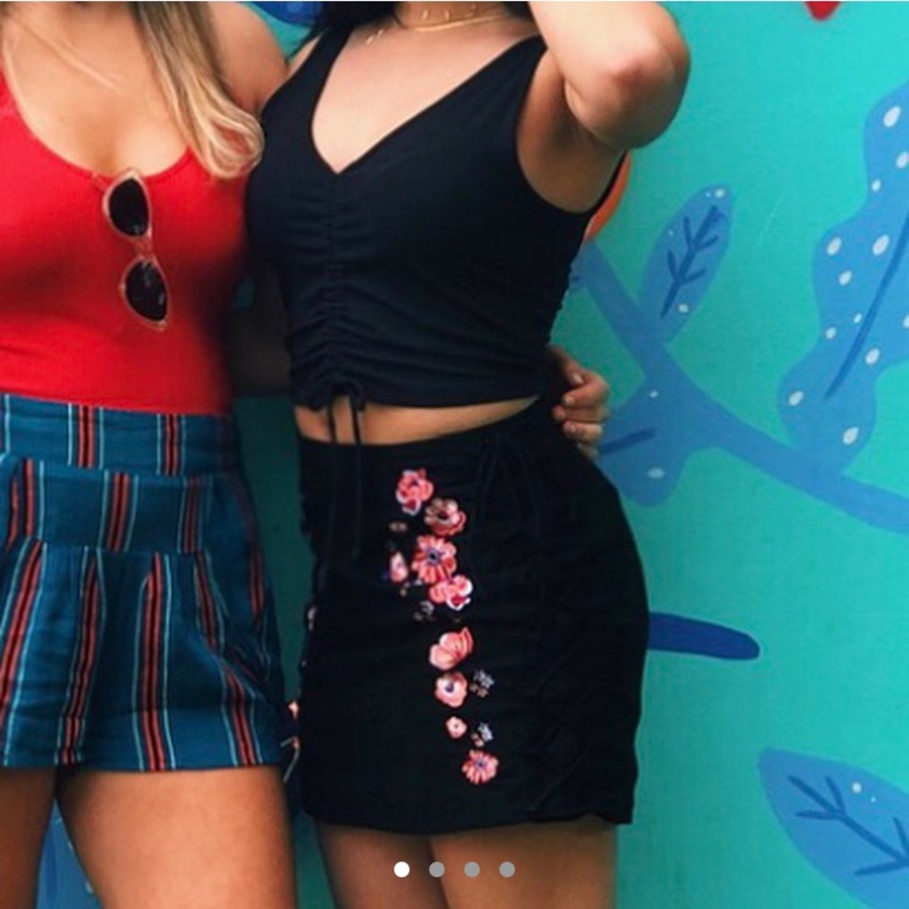 black velvet floral mini skirt with ties